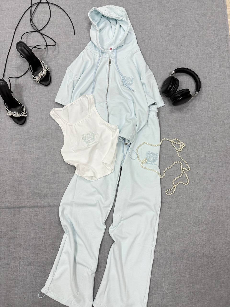 Bonnerie Embroidered 3-Piece Short Sleeve Zip Hoodie, Tank Top & Flare Pants Set