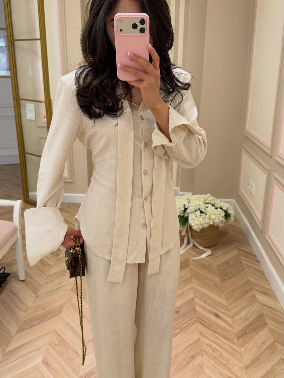 Bow-Tie Neck Linen Blend Shirt & Wide-Leg Trousers Set