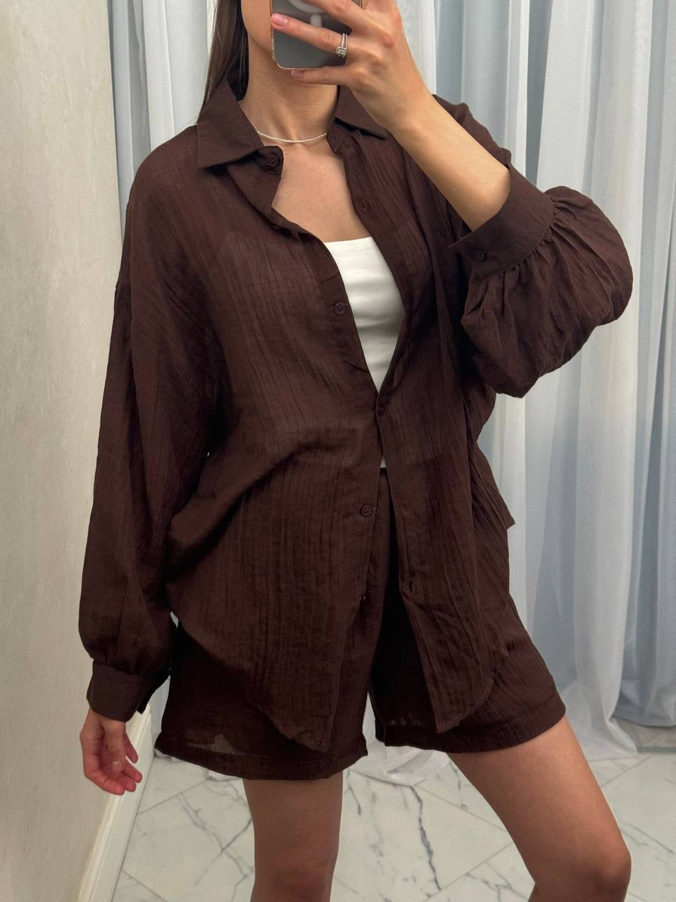 Crinkle Balloon Sleeve Shirt & Shorts Co-ord Set