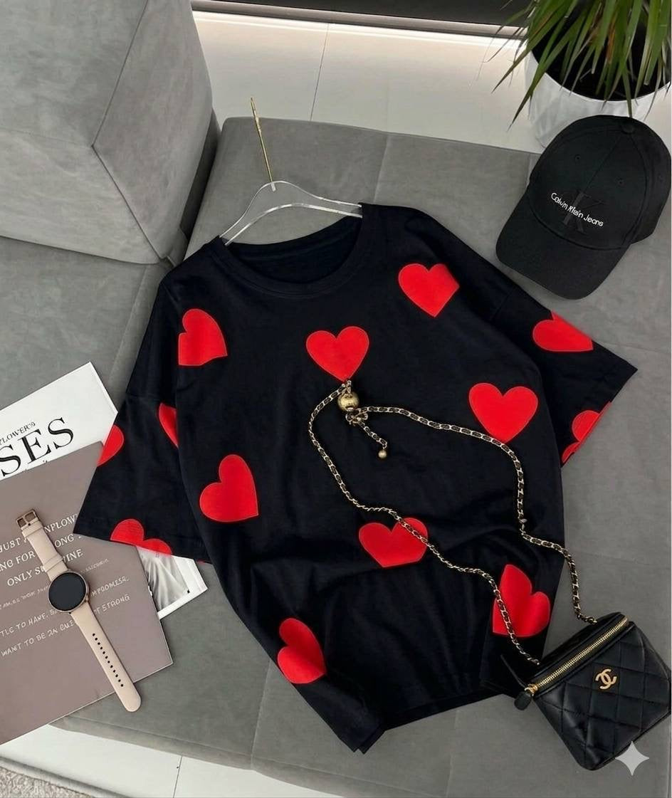 All-Over Heart Print Oversized Crew-Neck T-Shirt