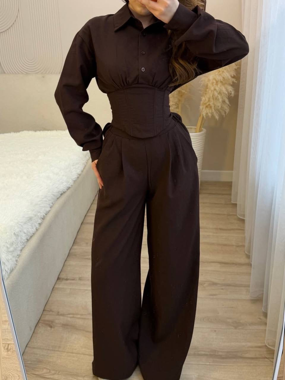 Corset-Waist Long Sleeve Shirt & Wide-Leg Palazzo Trousers Set