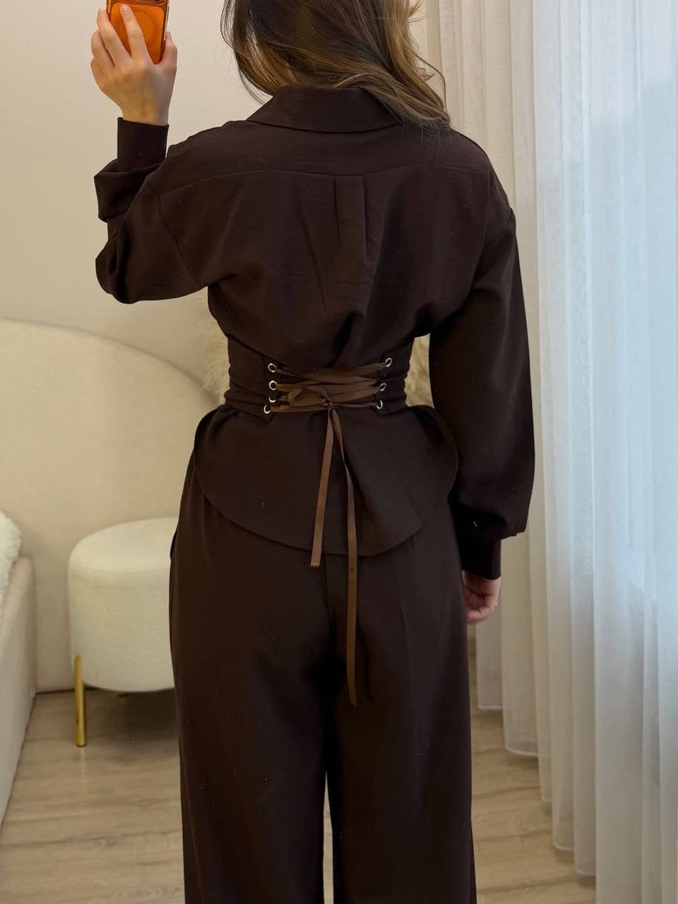 Corset-Waist Long Sleeve Shirt & Wide-Leg Palazzo Trousers Set