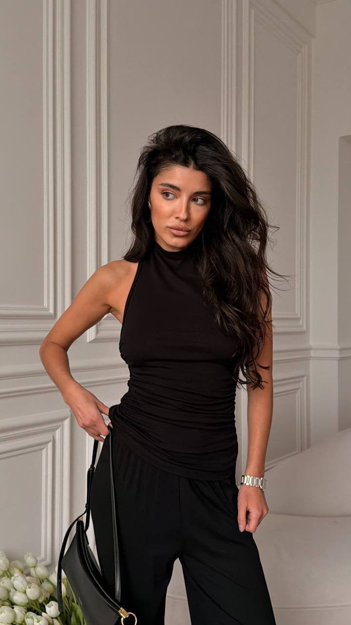 Halter Neck Ruched Backless Crop Top & Wide-Leg Palazzo Trousers Co-ord Set