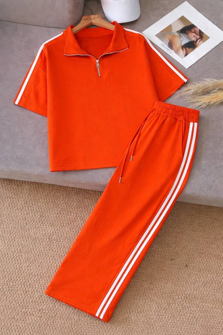 Side Stripe Half-Zip Crop Top & Wide-Leg Trousers Co-ord Set