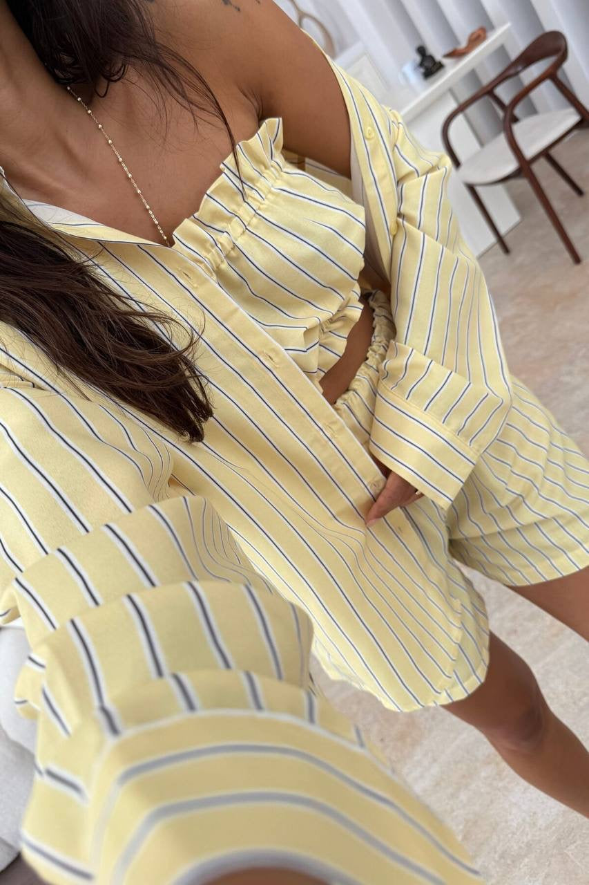 Striped 3-Piece Co-ord Set – Shirt, Bandeau Top & Shorts