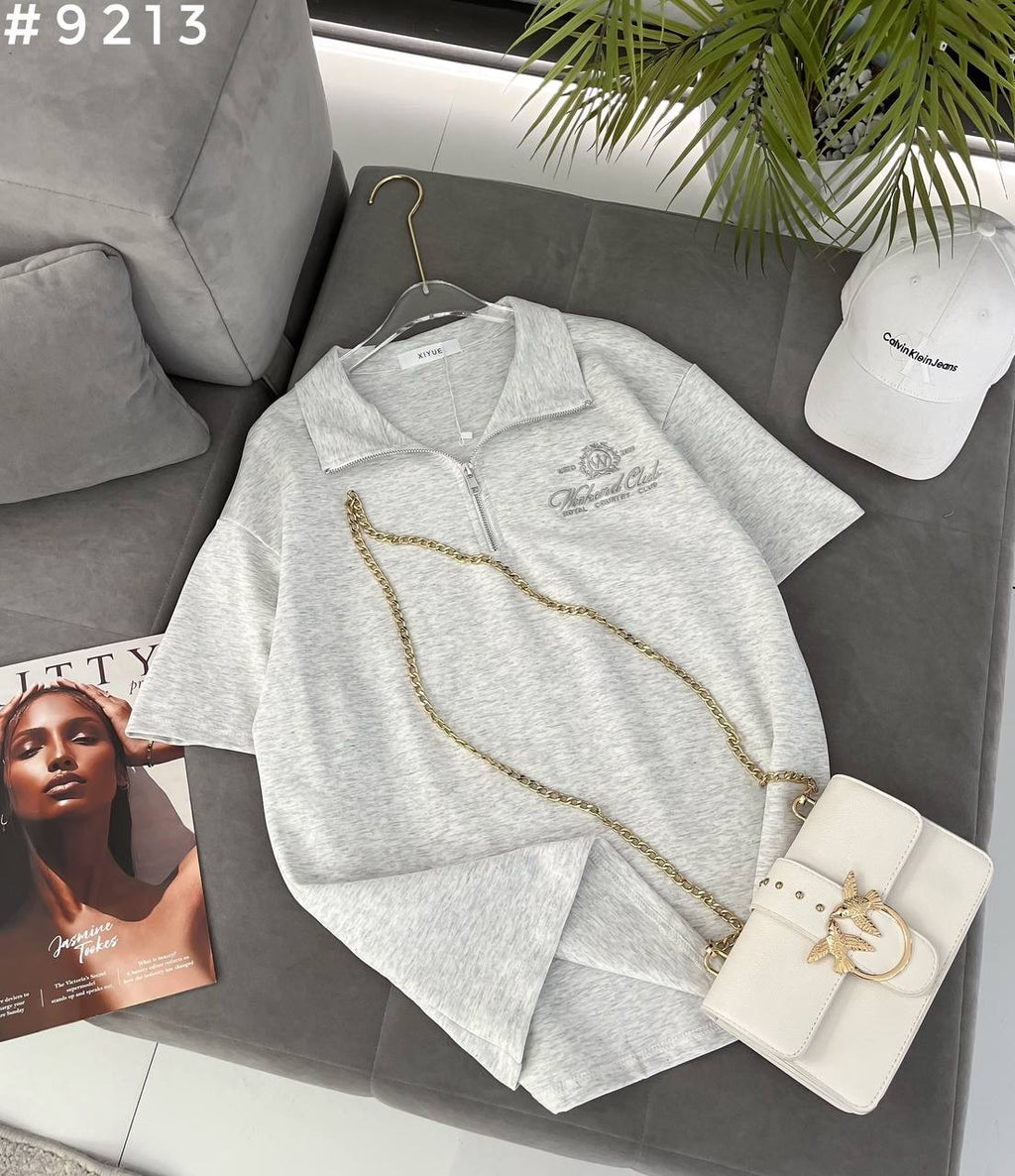#9213 Weekend Club Half-Zip Chain Detail Oversized Polo T-Shirt