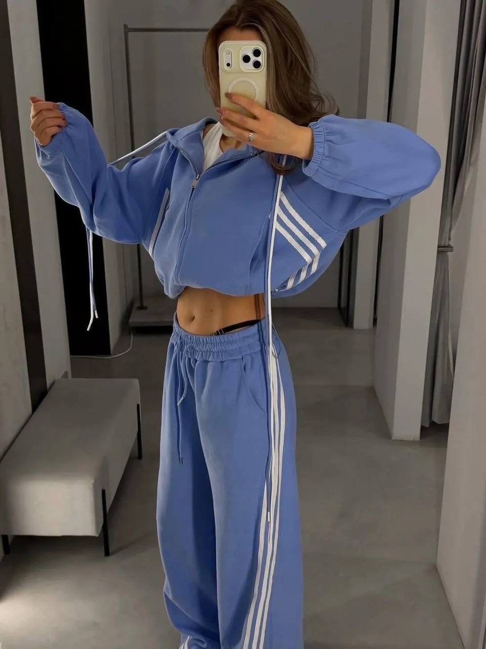 3-Stripe Oversized Cropped Zip Hoodie & Wide-Leg Sweatpants Set