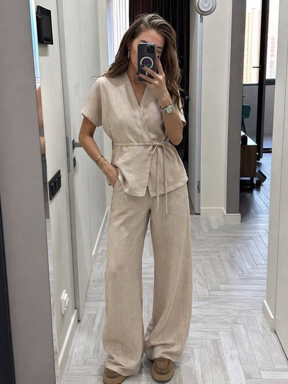 Linen Wrap V-Neck Top & Wide-Leg Trousers Co-ord Set