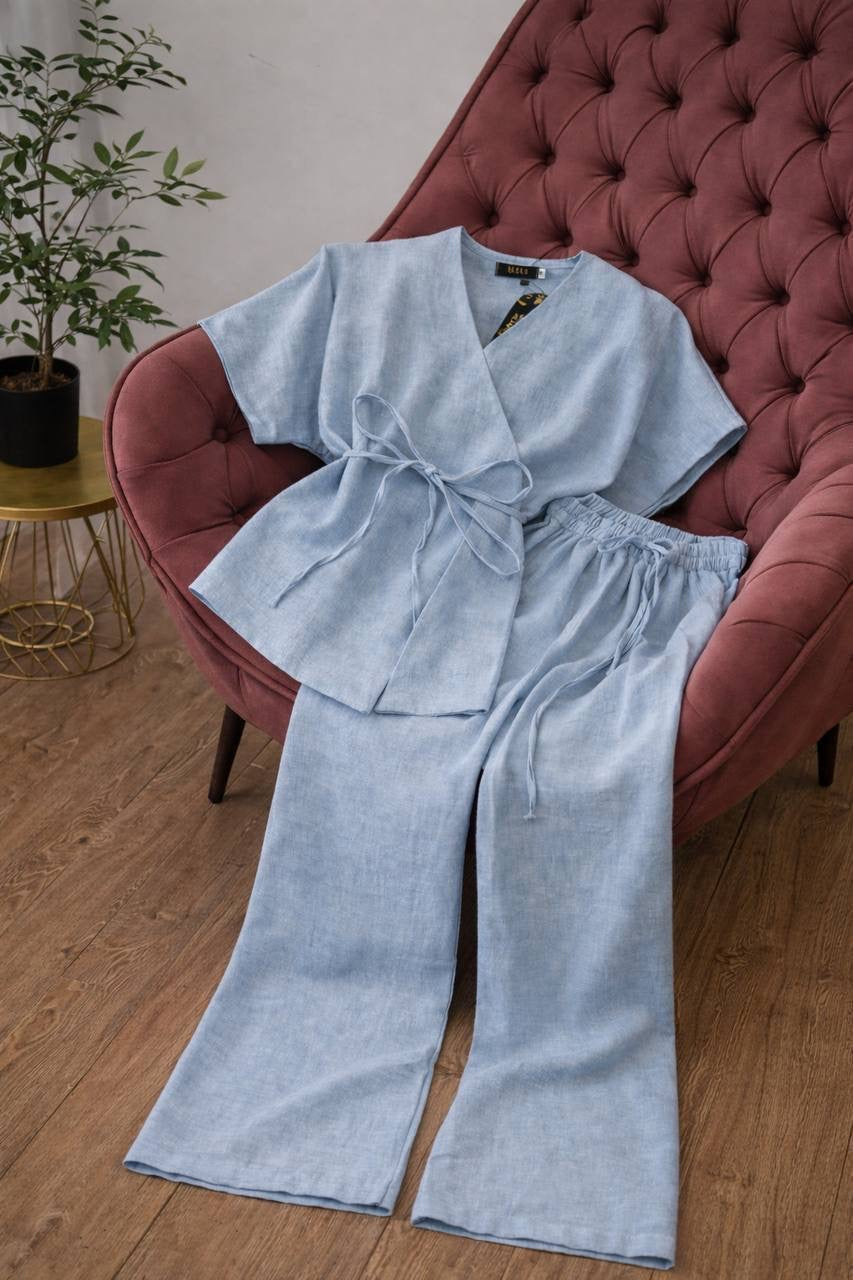 Linen Kimono Wrap Top & Wide-Leg Trousers Co-ord Set