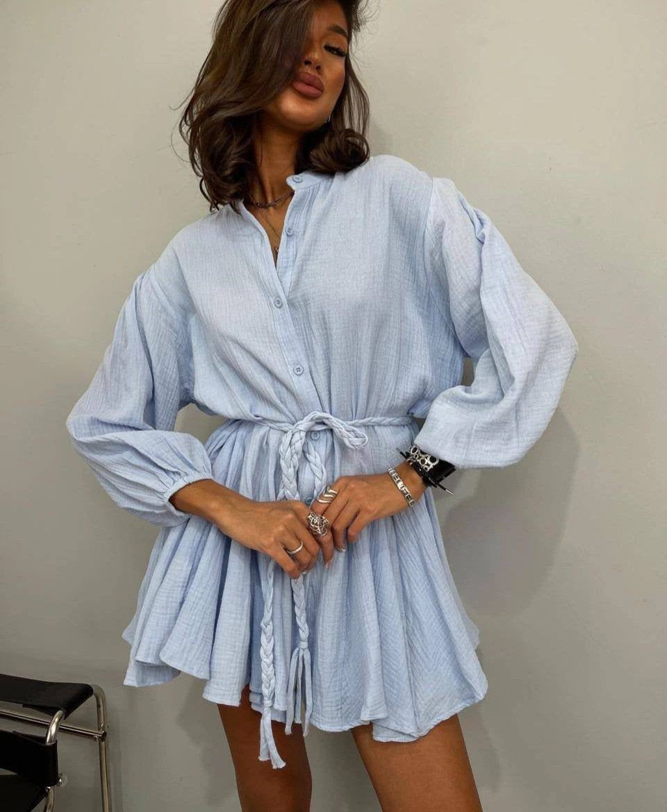 Balloon Sleeve Button-Down Mini Shirt Dress with Braided Belt