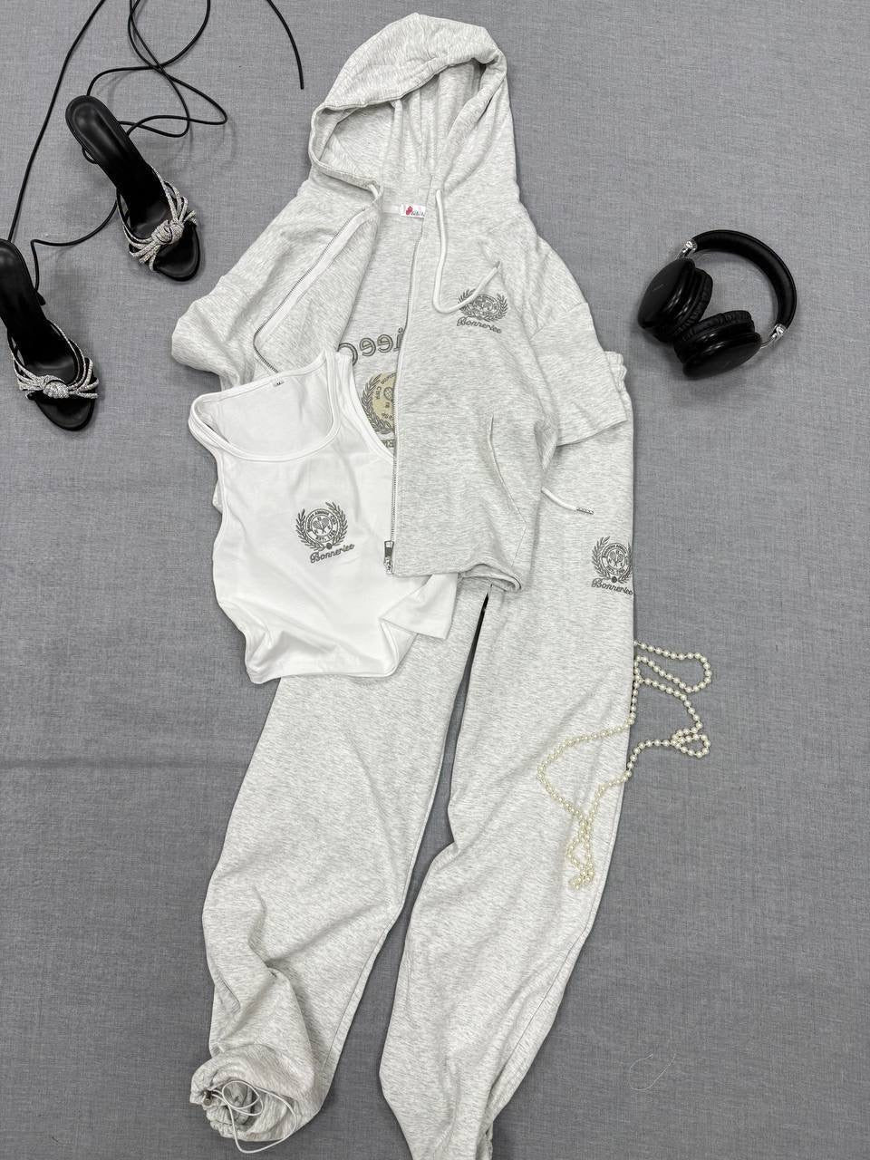 Bonnerie Embroidered 3-Piece Short Sleeve Zip Hoodie, Tank Top & Flare Pants Set