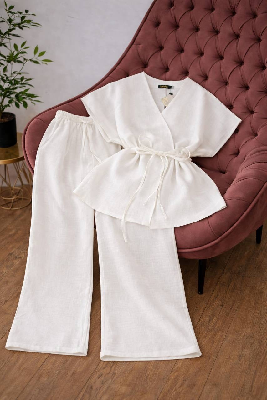 Linen Kimono Wrap Top & Wide-Leg Trousers Co-ord Set