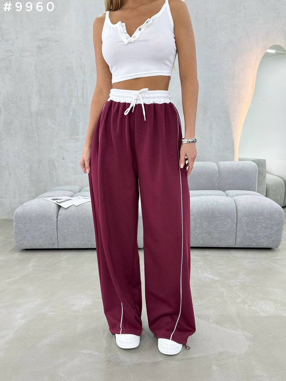 #9960 Contrast Piping Wide-Leg Trousers