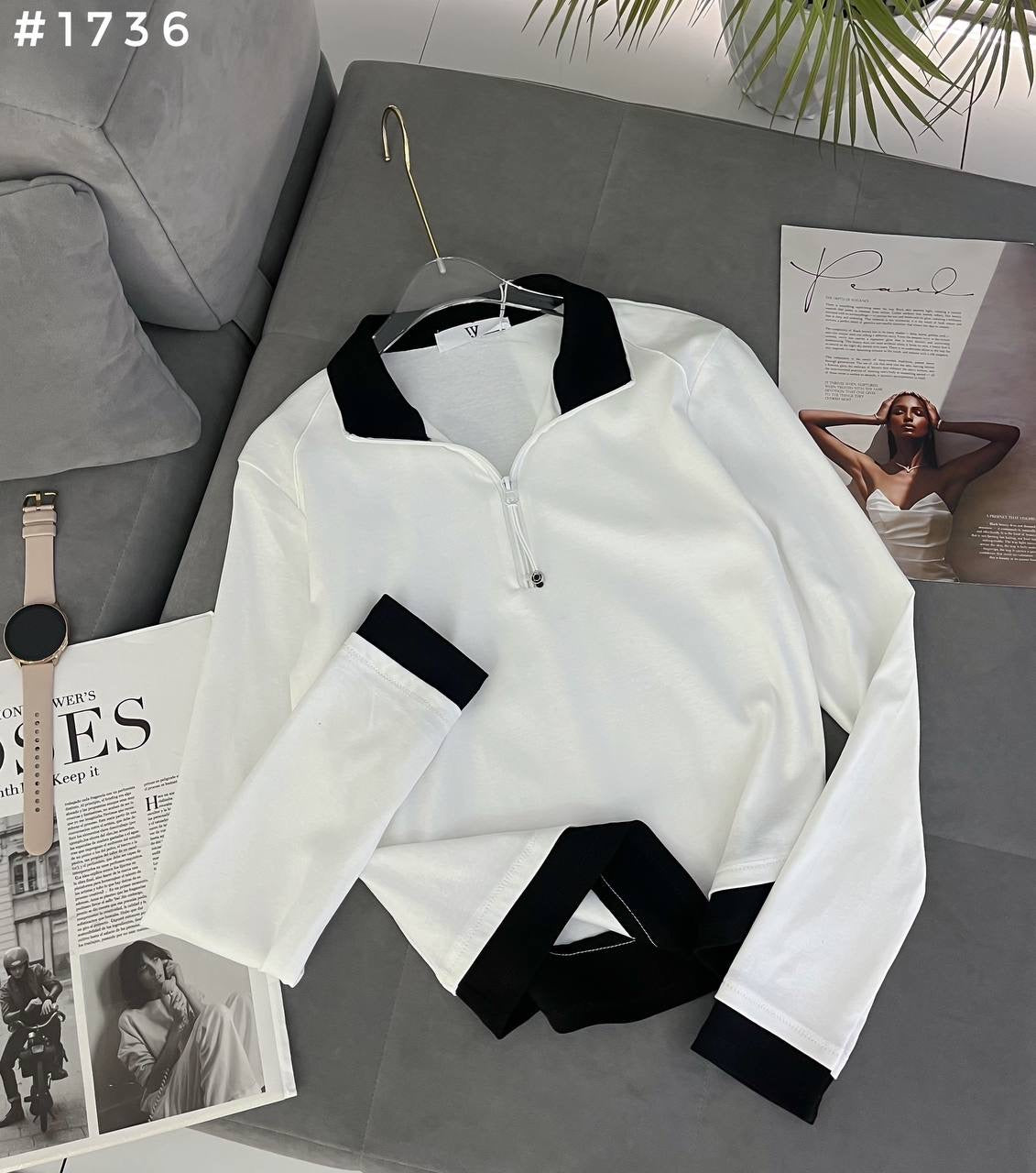 #1736 Contrast Trim Half-Zip Polo Crop Sweatshirt