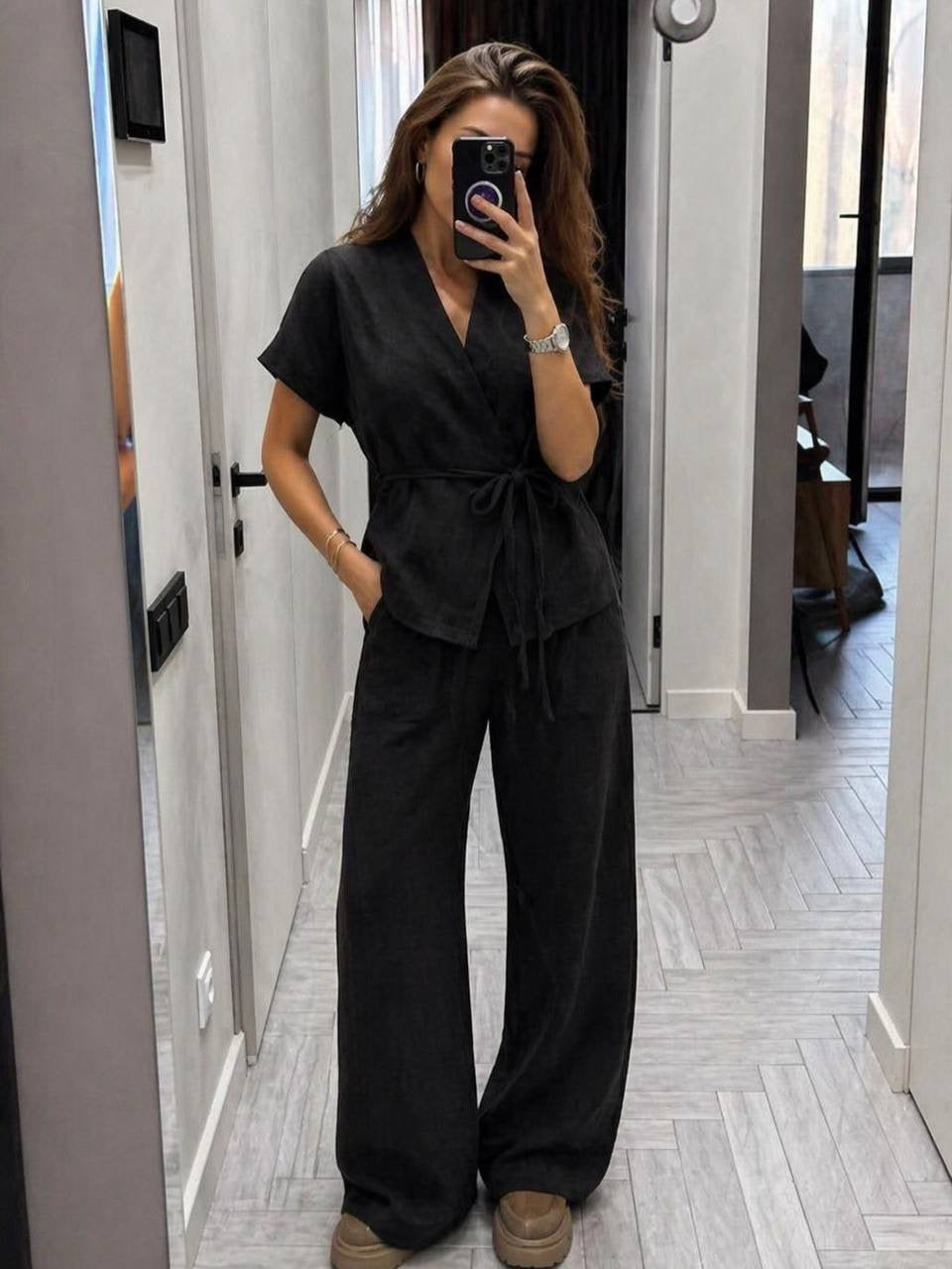 Linen Wrap V-Neck Top & Wide-Leg Trousers Co-ord Set