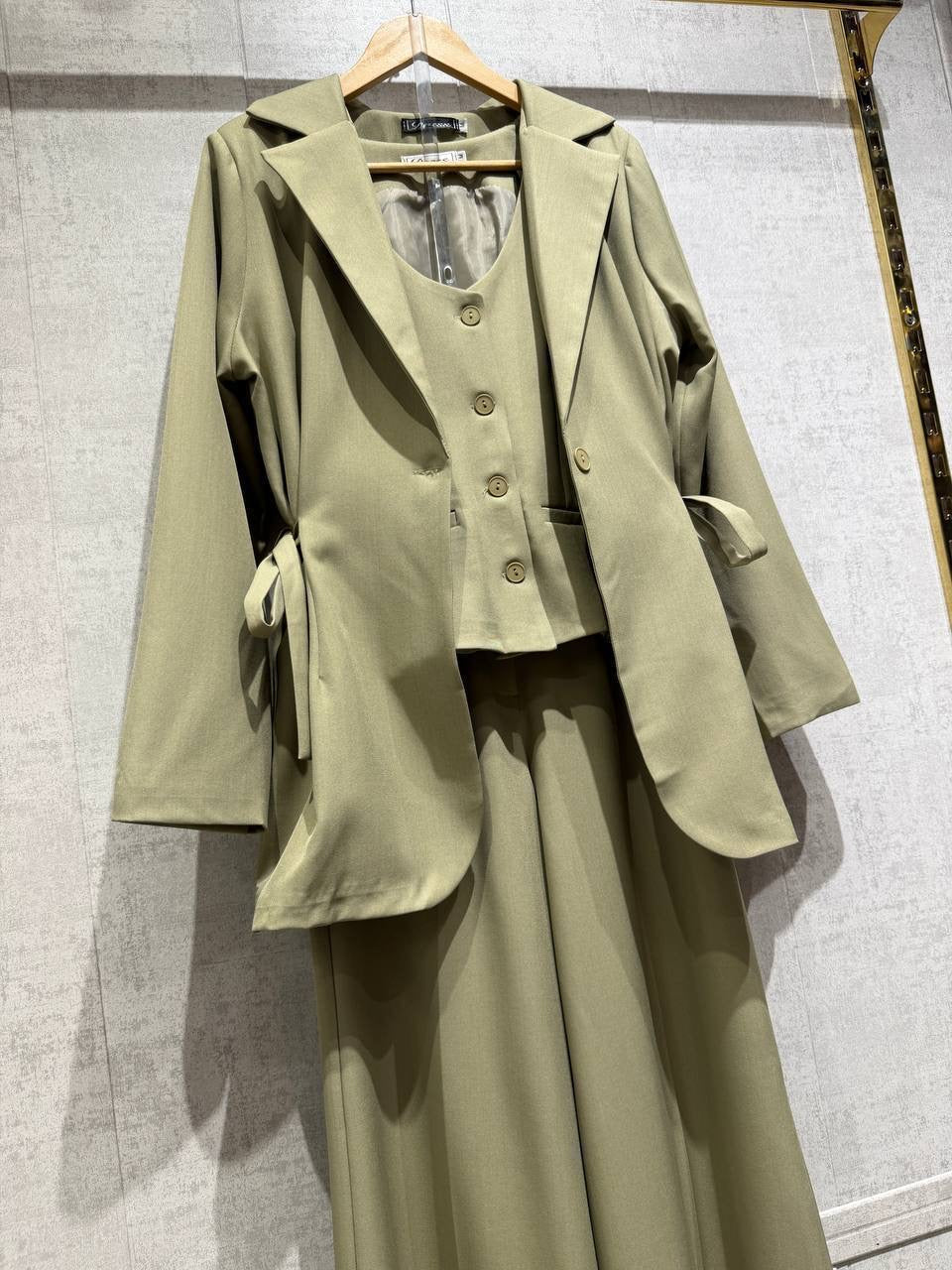 3-Piece Side-Tie Blazer, Button Vest & Wide-Leg Palazzo Suit Set