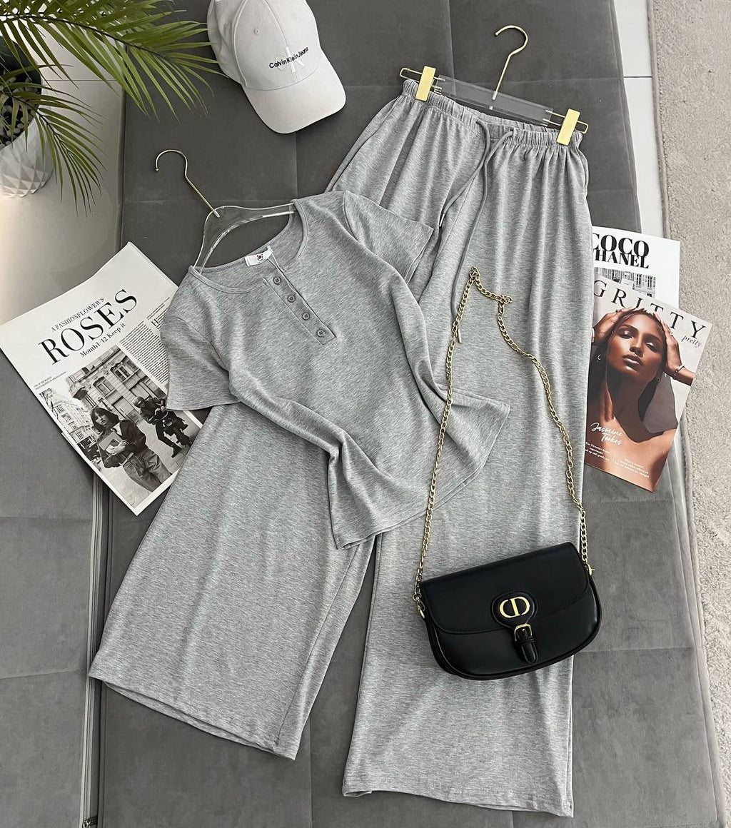 Henley Button Crew-Neck T-Shirt & Wide-Leg Palazzo Trousers Loungewear Set