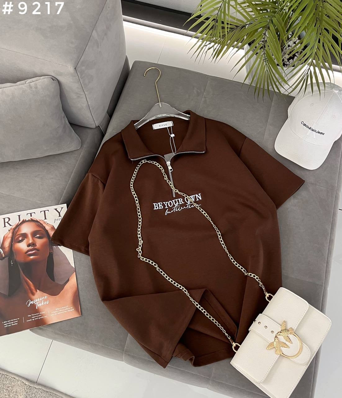 #9217 Be Your Own Chain Detail Half-Zip Polo Oversized T-Shirt