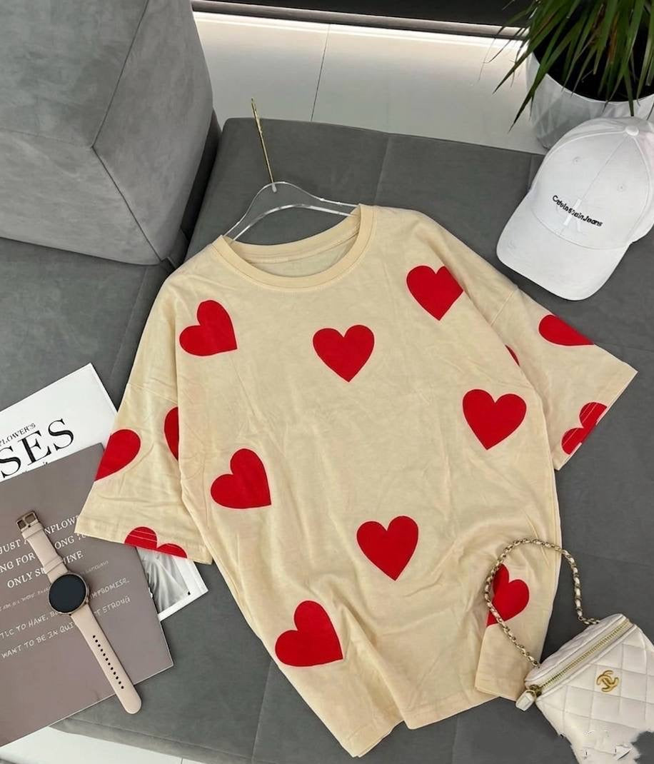 All-Over Heart Print Oversized Crew-Neck T-Shirt