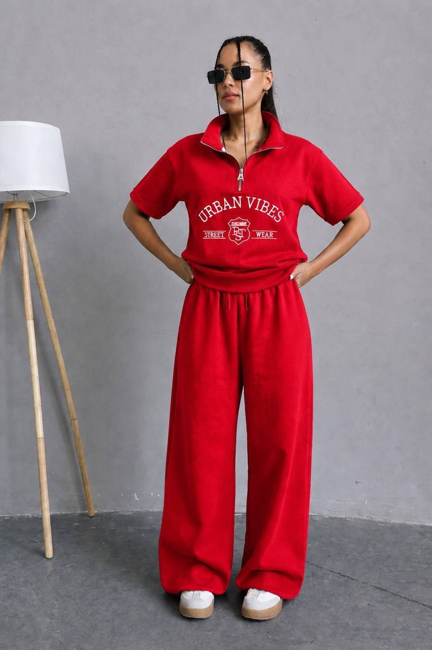 Urban Vibes Street Wear Half-Zip Crop Sweatshirt & Wide-Leg Trousers Co-ord Set