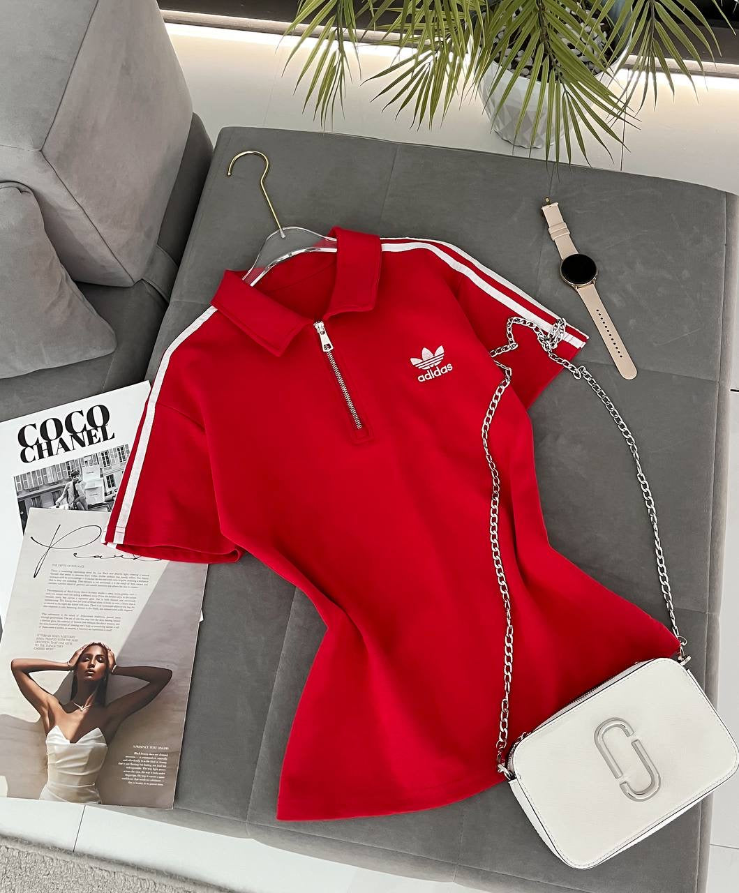 #4419 Logo Stripe Half-Zip Polo Crop Top with Chain Detail