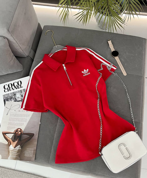 #4419 Logo Stripe Half-Zip Polo Crop Top with Chain Detail