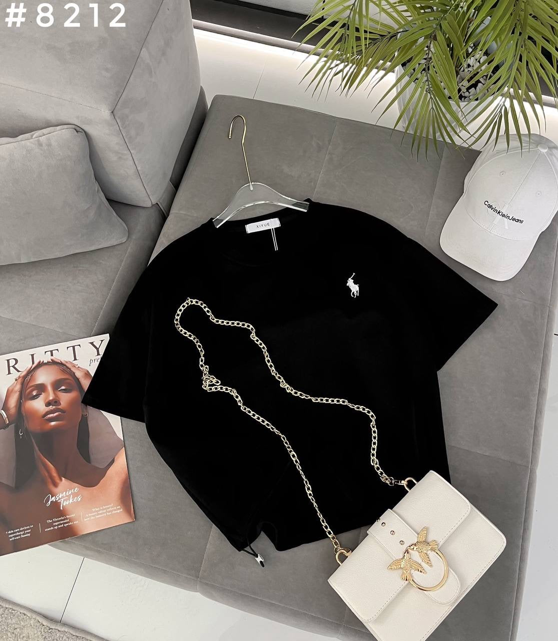 #8212 Polo Embroidered Chain Detail Drawstring Crop T-Shirt