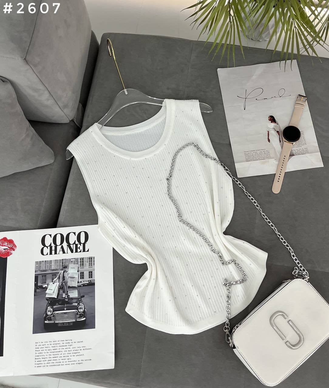 #2607 Rhinestone Chain Detail Sleeveless Knit Top