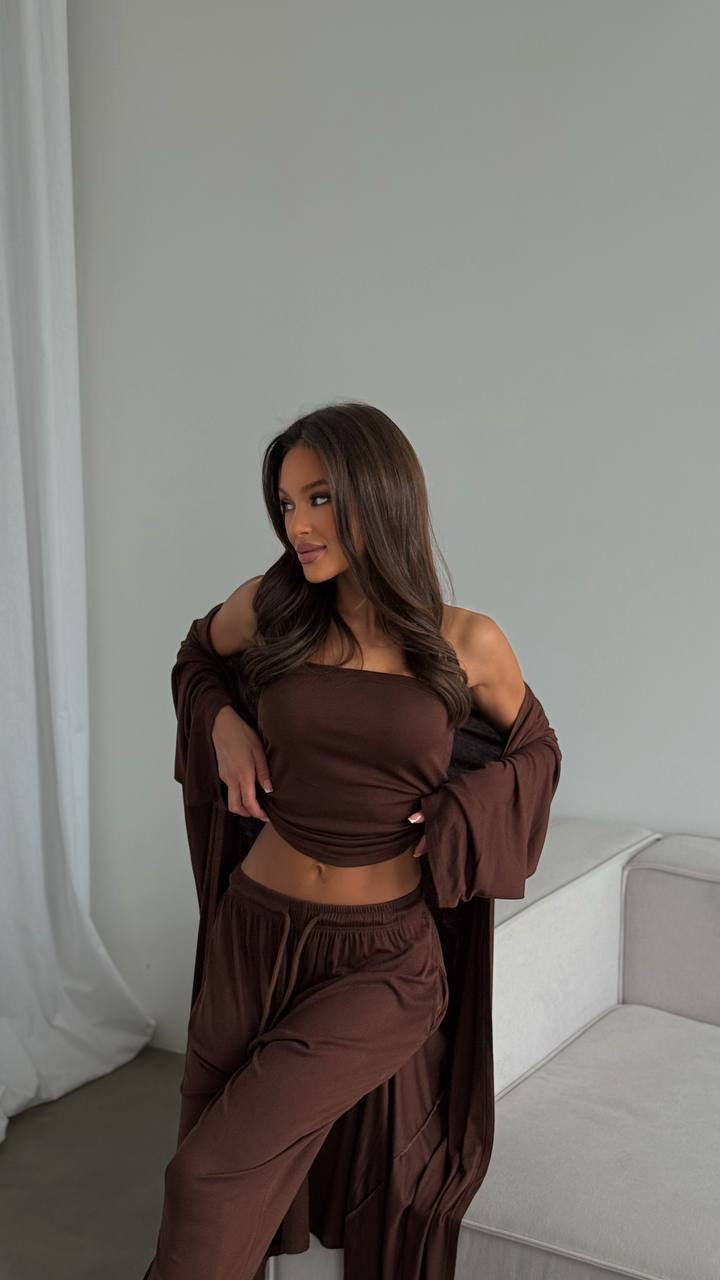 3-Piece Maxi Duster Kimono, Bandeau Crop Top & Wide-Leg Palazzo Set