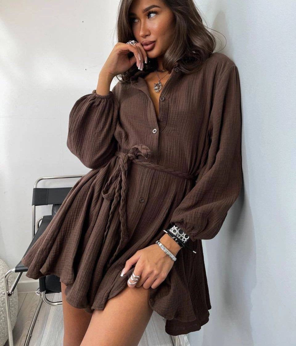 Balloon Sleeve Button-Down Mini Shirt Dress with Braided Belt