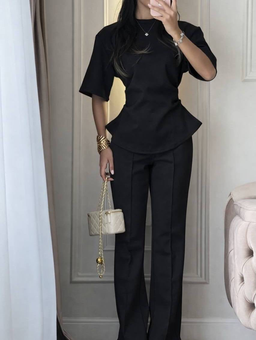 Peplum Detail Short-Sleeve Blouse & Wide-Leg Trousers Co-ord Set