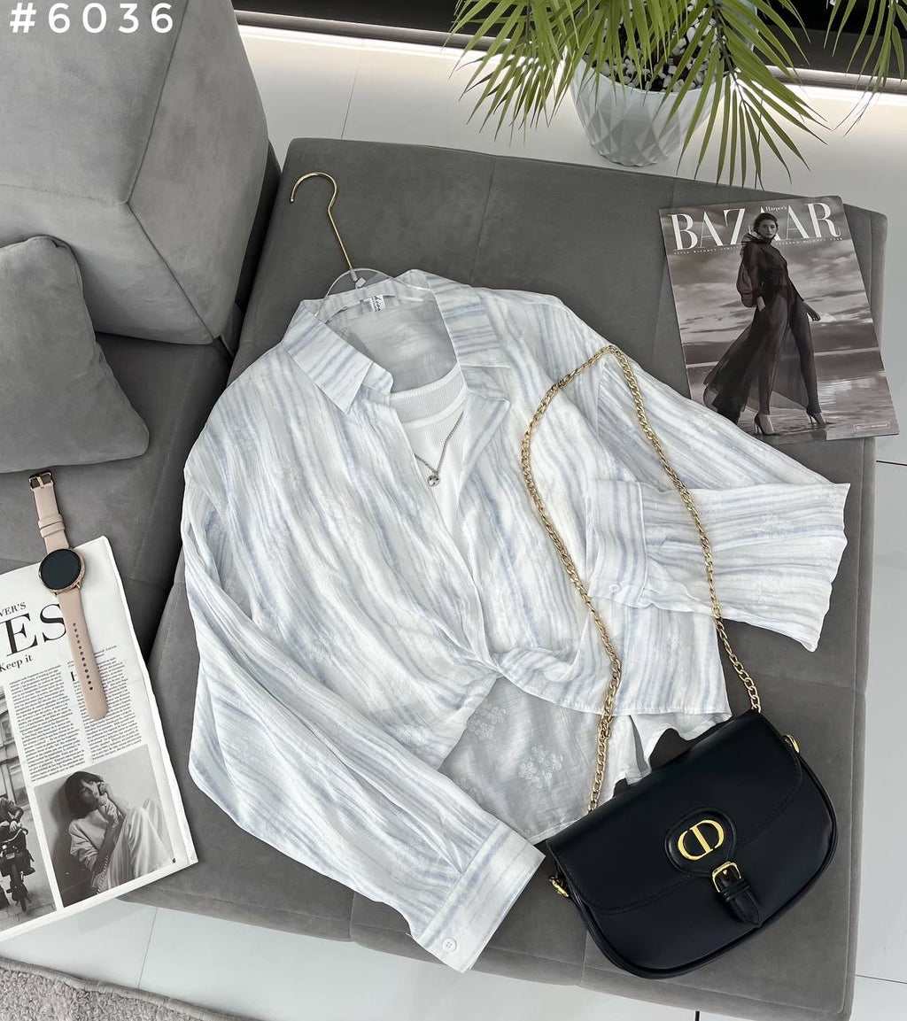 #6036 Crinkle Texture Twist Front Sheer Oversized Shirt + Crop Top Set