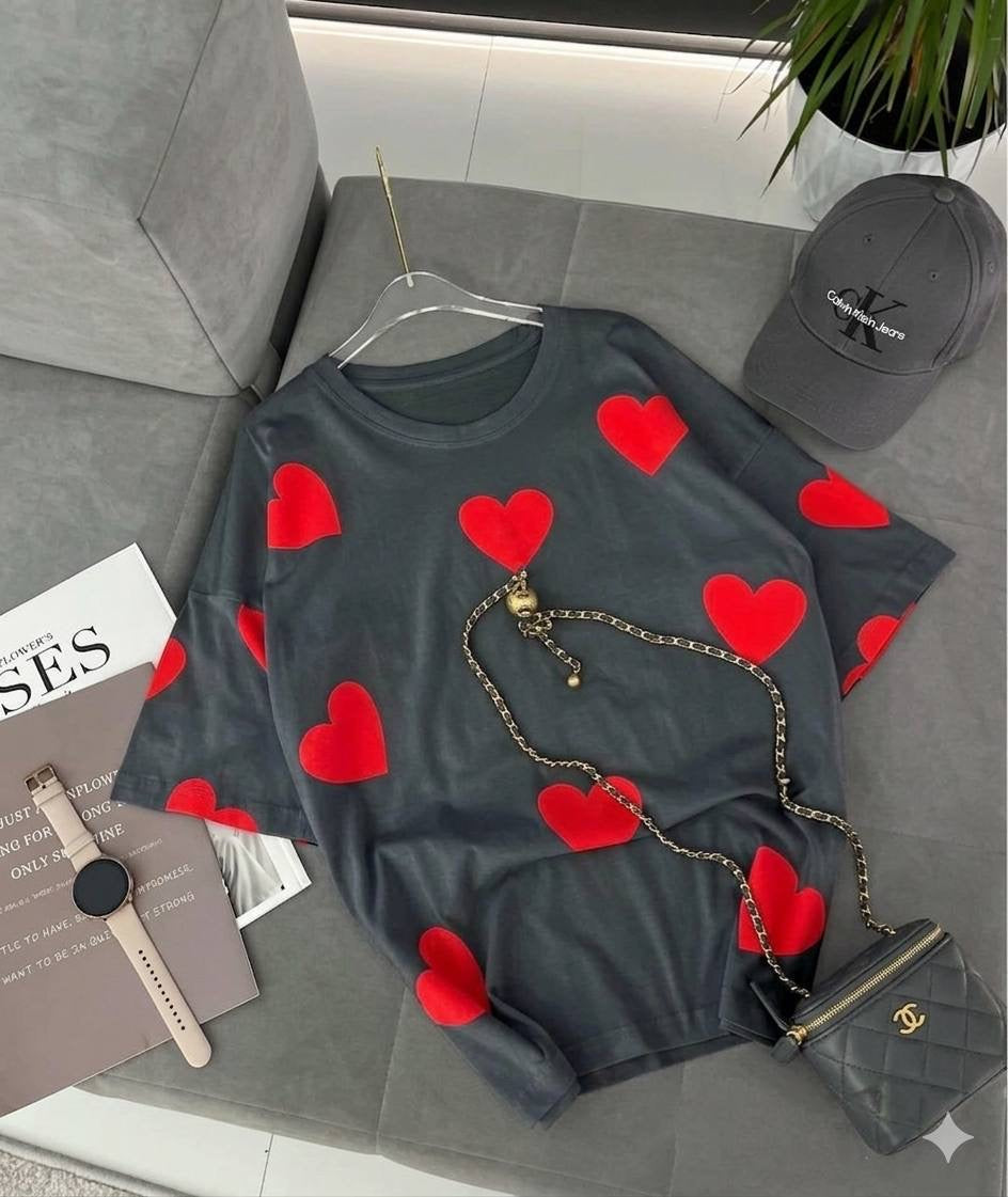 All-Over Heart Print Oversized Crew-Neck T-Shirt