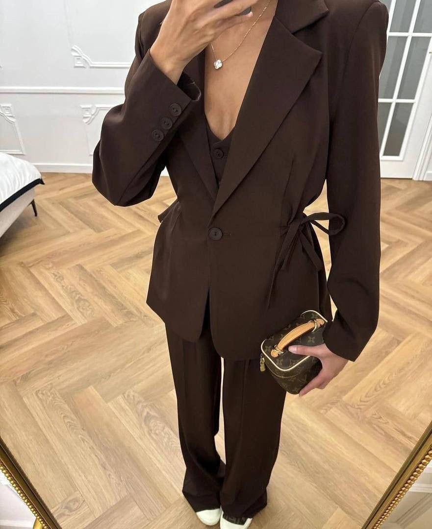 3-Piece Side-Tie Blazer, Button Vest & Wide-Leg Palazzo Suit Set