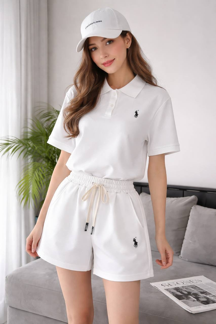 Embroidered Polo Crop T-Shirt & Drawstring Shorts 2-Piece Summer Set