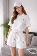 Embroidered Polo Crop T-Shirt & Drawstring Shorts 2-Piece Summer Set