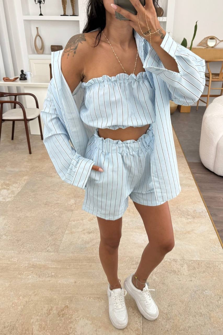 Striped 3-Piece Co-ord Set – Shirt, Bandeau Top & Shorts