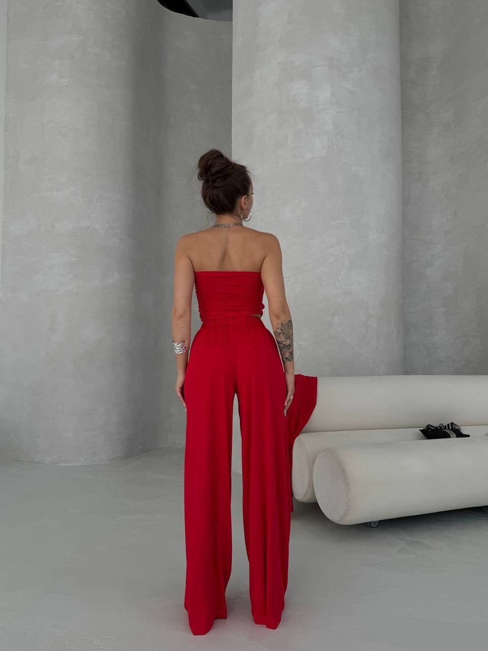 3-Piece Maxi Duster Kimono, Bandeau Crop Top & Wide-Leg Palazzo Set