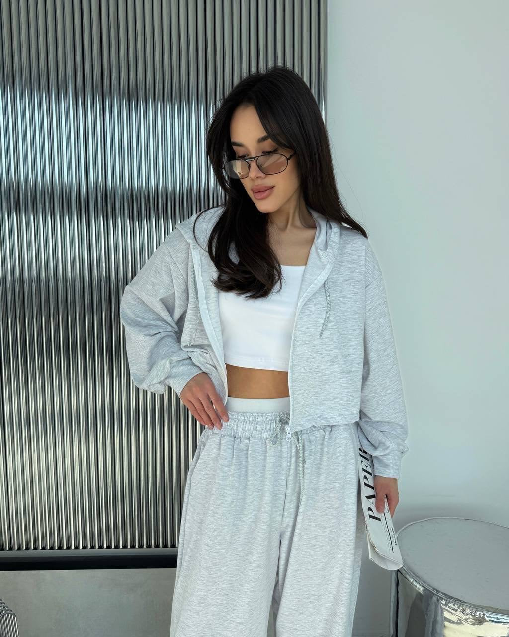 Cropped Zip Hoodie & Wide-Leg Jogger Sweatpants Set
